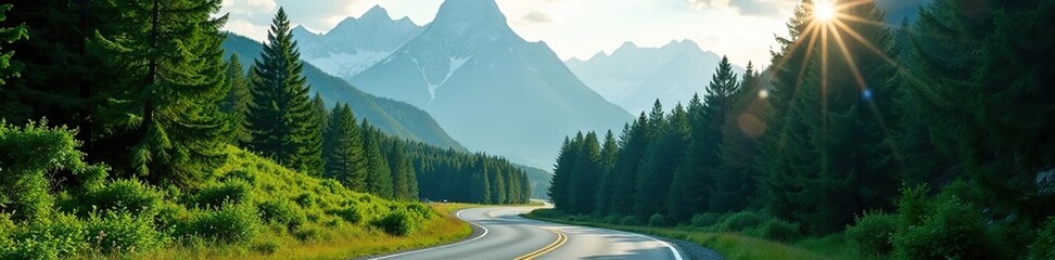 Scenic road winding through lush forests with stunning mountainous views in the background,  vistas,  stunning