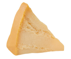 Parmesan cheese piece isolated. Broken Parmesan cheese piece on white. Parmigiano Reggiano - Italian hard and granular cheese from cow's milk. Package design element..