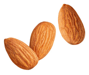 Raw Almonds isolated on white background. Whole brown peeled almond nuts  pile. Almonds  Top view. Flat lay. Package design element.