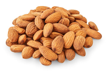 Almond nut seeds  isolated on white background. Whole brown peeled almond nuts  pile. Almonds  Package design element.