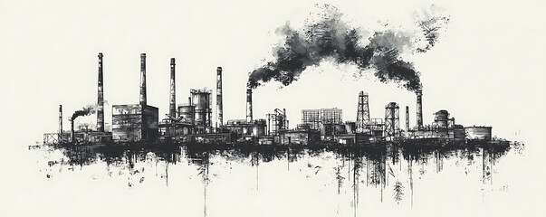 : Monochrome industrial drawing showing a complex factory with multiple smokestacks releasing dark smoke into the sky, surrounded by various tanks, towers and processing units