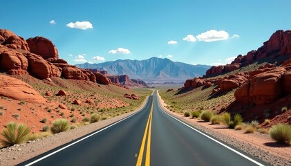 Scenic road winding through rugged desert landscape leading to Buttermilks, California, USA,  destination,  blue sky