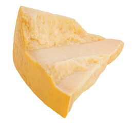 Parmesan cheese piece isolated. Broken Parmesan cheese piece on white. Parmigiano Reggiano - Italian hard and granular cheese from cow's milk. Package design element..