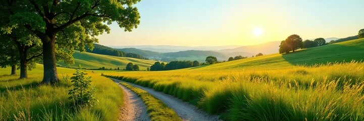 Fototapeta premium Scenic rural landscape with winding path, lush trees, rolling meadows, clear blue sky, and golden sunlight, landscape, rural