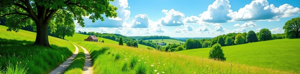 Fototapeta premium Scenic rural landscape with winding path, lush trees, rolling meadows, sunny blue sky, sunshine, landscape