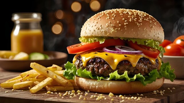 Double patties beef burger with french fries 