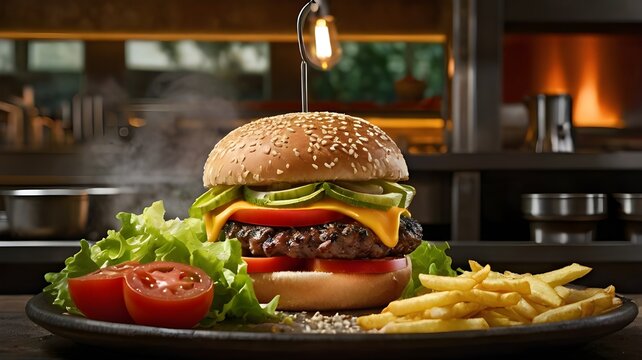 Cheese burger with french fries 