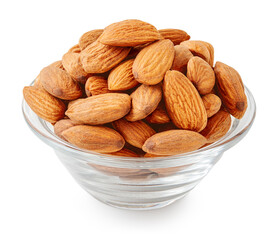 Heap of Almonds in a glass  bowl isolated on white background. Sweet  Almond nut seeds pile. Almonds  Package design element.