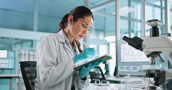 Tablet, project and scientist in laboratory for DNA innovation, research or discovery. Science, digital technology and female biologist with RNA for pharmaceutical development with medical analysis.