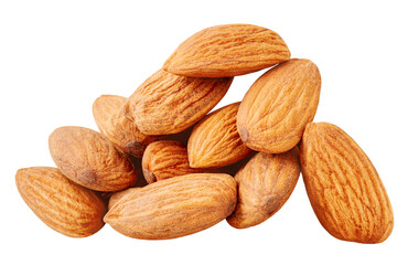 Almond nut seeds  isolated on white background. Whole brown peeled almond nuts  pile. Almonds  Package design element.
