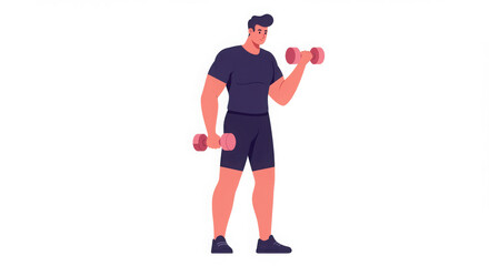 Fit man in a dark athletic outfit lifting pink dumbbells, performing a bicep curl exercise for strength training and muscle toning.