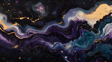 An abstract painting featuring swirling patterns resembling a cosmic scene