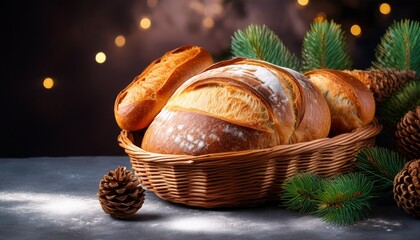 Bread in a basket on a table with pine cones 