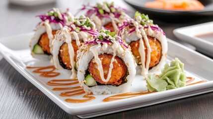 A colorful plate of sushi rolls garnished with sauces and vegetables, showcasing vibrant textures and flavors typical of Japanese cuisine.