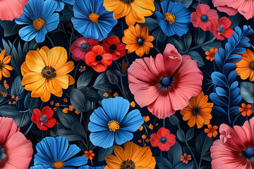 Obraz premium Colorful seamless floral pattern featuring vibrant flowers and lush foliage against a dark backdrop