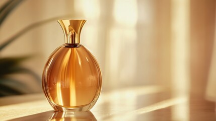 A golden perfume bottle reflecting warm light, exuding elegance and sophistication.