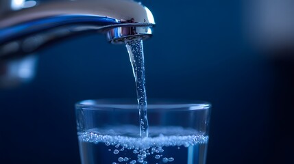Water flows from a chrome faucet into a clear glass creating small bubbles as it fills