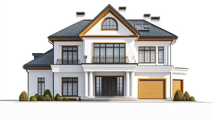 Obraz premium Elegant residential house with large windows and garage on white background