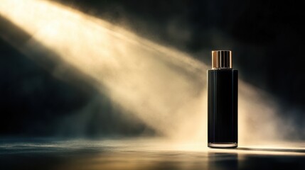 A high-fashion perfume advertisement shot with a sleek black bottle and a dramatic spotlight.