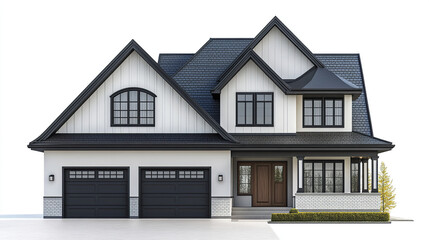 Modern two story house with black roof and white siding