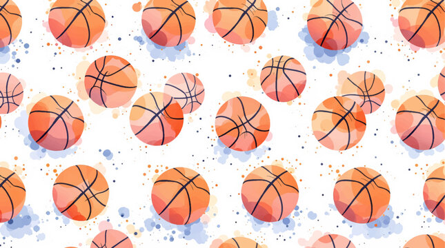 Watercolor pattern basketball balls on white background	