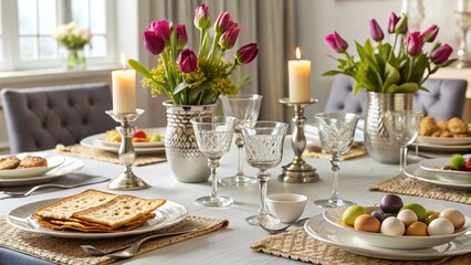 A modern, stylish Passover Seder setup with elegant dishware