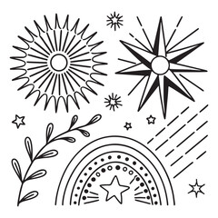 doodle sparkle vector set, sunburst, rays, starburst, hand drawn elements illustration, black lines, outline, decorative, retro style. Suitable for graphic design, illustrations, backgrounds, and web