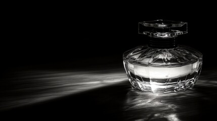 A monochrome artistic shot of a stylish perfume bottle with an aura of mystery.