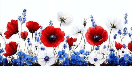 Red Poppies and Blue White Flowers Horizontal Border
