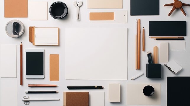 A creative workspace with scattered design materials and a laptop.