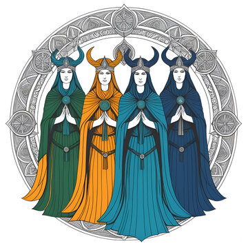 Abstract Colorful Illustration of the Norns on a White Background