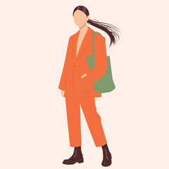 Minimalist fashion illustration of a modern woman in a chic orange suit with a green tote bag. Aesthetic and stylish design, ideal for editorial, print and digital projects in the fashion industry.