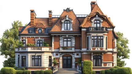 Fototapeta premium Elegant brick mansion with ornate details and lush greenery