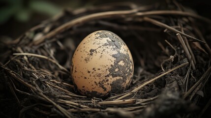 Obraz premium Close-up of a speckled egg nestled in a natural nest surrounded by twigs and dried grass