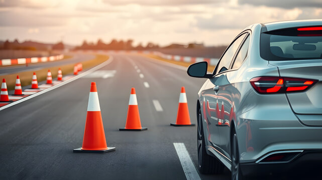Driving practice on a training course, cones mark the path, a car prepares for the road ahead, learning and skill development.