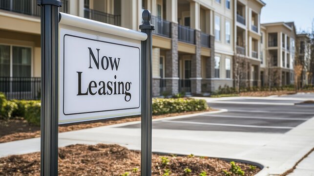 Now Leasing sign in front of a modern apartment complex, showing new construction and available residences