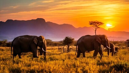 elephants at sunset