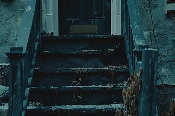 Obraz premium A moody, snow-dusted staircase leads to a dark door, framed by muted colors and winter