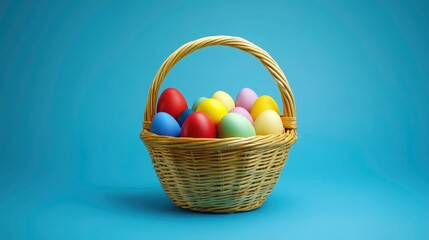 Colorful Easter Eggs in a Wicker Basket Against a Sky Blue Background