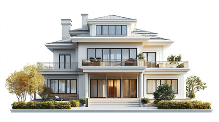 Fototapeta premium Elegant modern house with large windows and greenery on white background