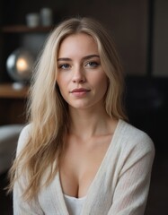 A blonde woman with a white sweater and a white shirt is sitting in a room