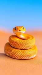 Fototapeta premium A vibrant, golden snake coiled on orange sand against a blue sky