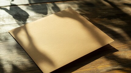 A blank kraft paper card bathed in warm sunlight and dappled leaf shadows, ready for a heartfelt message or artistic expression.