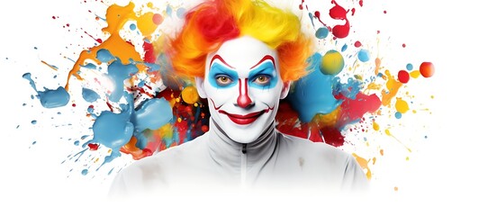 White background with drawings of colorful clown for children, ai generative