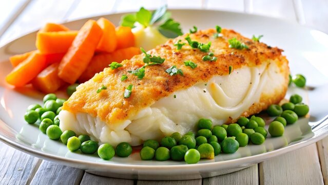 Perfectly cooked cod fillet with crispy crust, mashed potatoes, and steamed carrots and peas, wholesome meal concept