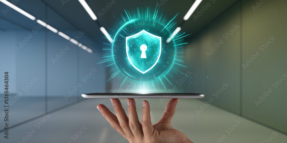 Poster hand holds tablet displaying glowing cyan shield with keyhole, symbolizing digital security and data