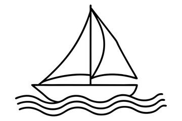 sailing boat with gentle waves in line art vector illustration
