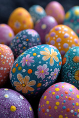 Fototapeta premium Artistic painted Easter egg collection, Colorful, hand-painted decorative eggs with floral patterns, perfect for celebrating Easter and spring festivities.