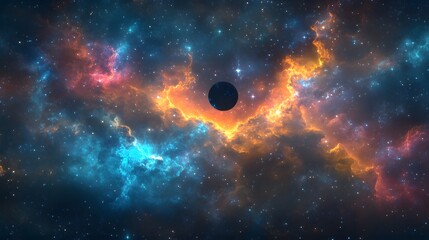 Obraz premium A dramatic space scene featuring a planet positioned in the center of a cosmic black hole environment