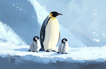 Fototapeta premium A family of emperor penguins standing in the snow
